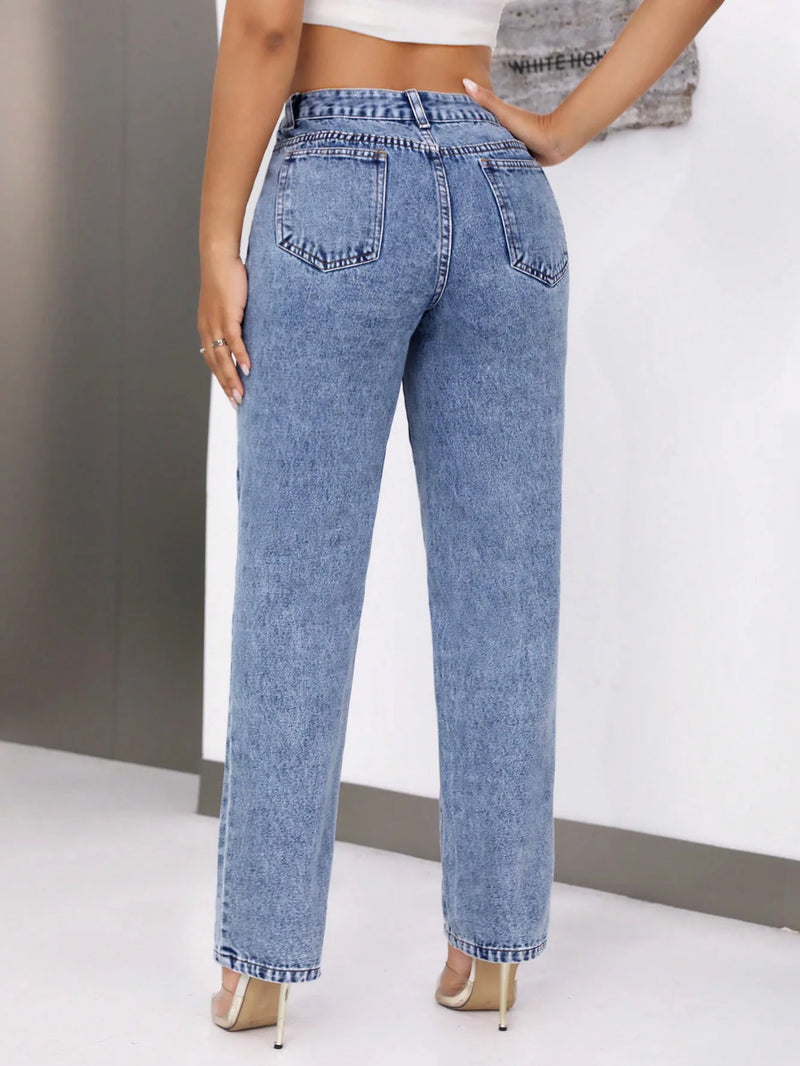 Straight High Waist Ankle Length Denim Vintage Washed Jean Loose Fit Pockets
