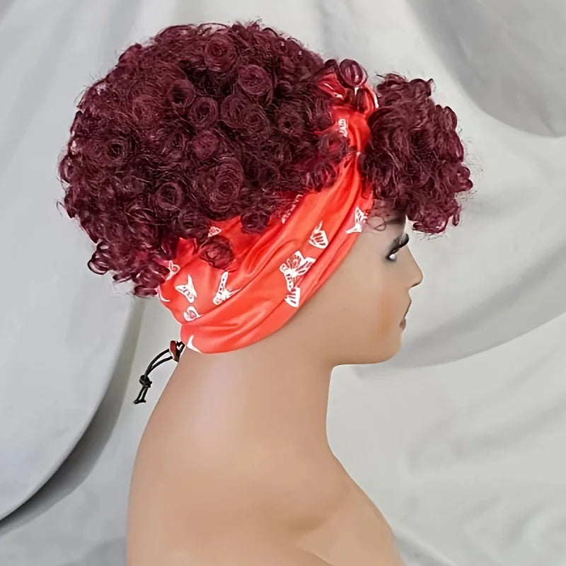 Burgundy Short Curly Headband Wig 100% Human Hair Pixie Cut Wig