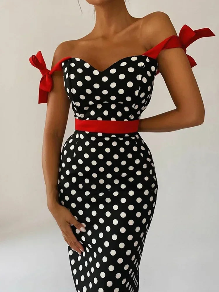 Polka Dot Knot Shoulder Sleeveless Neck Long Dress