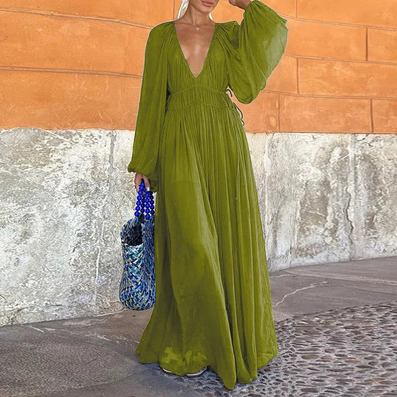Summer Long Sleeve Deep V-Neck Elegant Dress