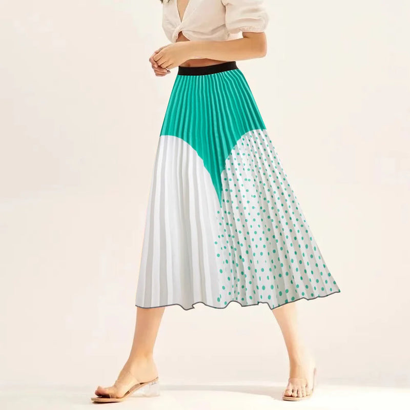 Printed elastic mid length A-line pressed pleated skirt