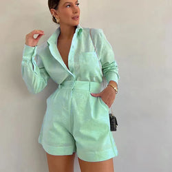 Long Sleeve 2-Piece Set Casual Button Shirt Short