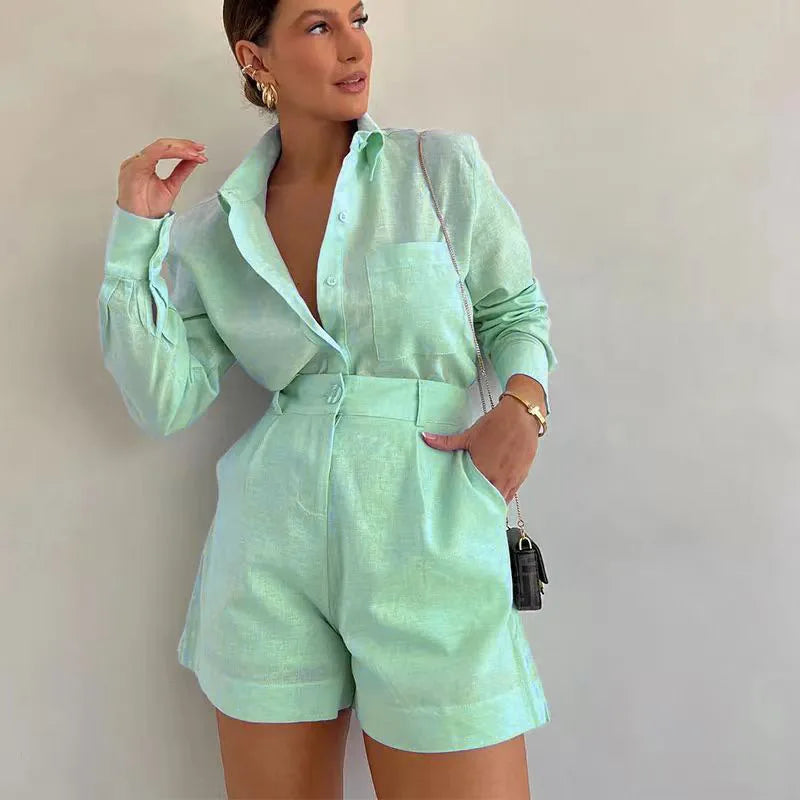 Long Sleeve 2-Piece Set Casual Button Shirt Short