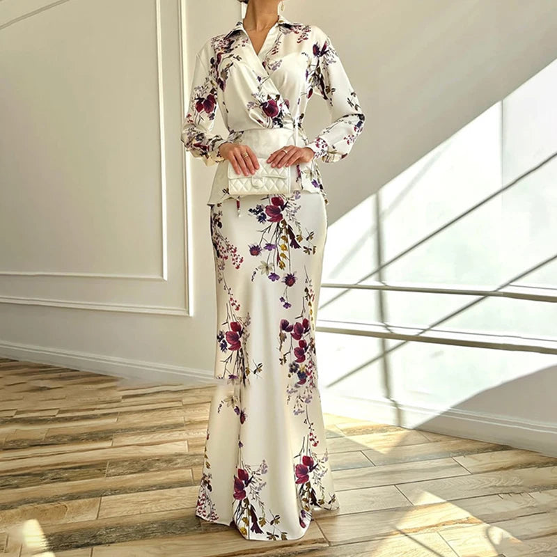 V-neck Long Sleeved Top and Skirt Two Piece Sets