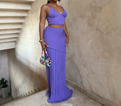 V-Neck Knitted Vest Top and High Waisted Straight Pleated Skirt Set