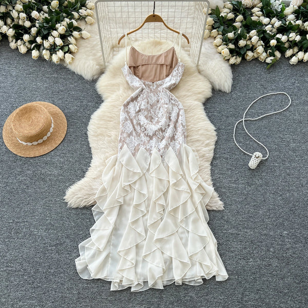 Chic Elegant Vintage pencil slim lace ruffle Spliced dress