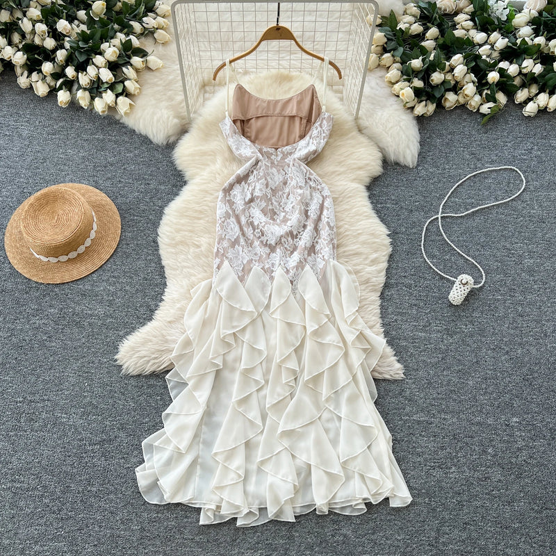 Chic Elegant Vintage pencil slim lace ruffle Spliced dress