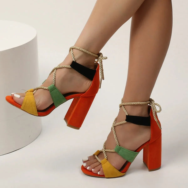 Ropes Cross Strap Peep Toe Lace-Up Sandals Chunky High Heels