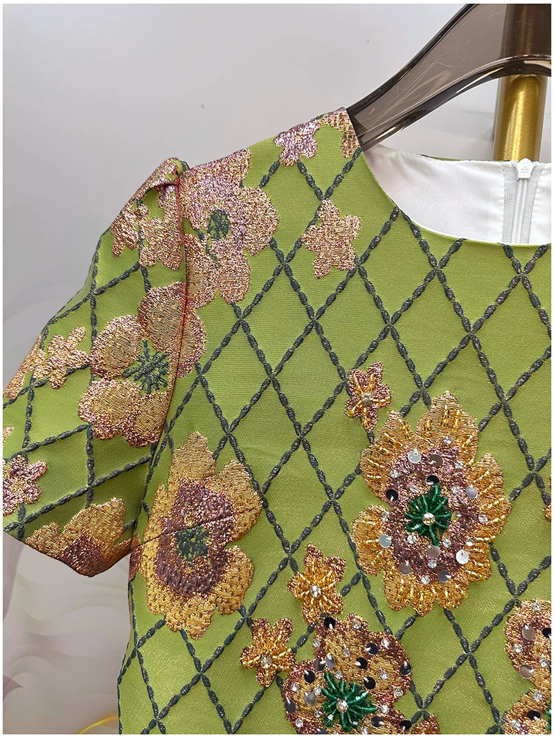 Luxury Beaded Embroidery Short Sleeve Gold Foil A-Line Dress