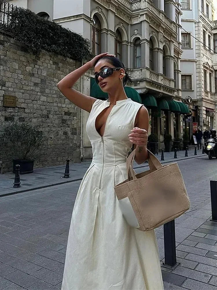 Sleeveless Pleated Slim Elegant Solid Half Zipper A-line Dress