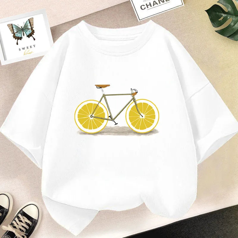 Cute Lemon Fruit Cartoon Bike Printed Tops Tee Short Sleeve