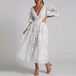 Causal Half Sleeves Deep V-neck Hollow Out Long Dress