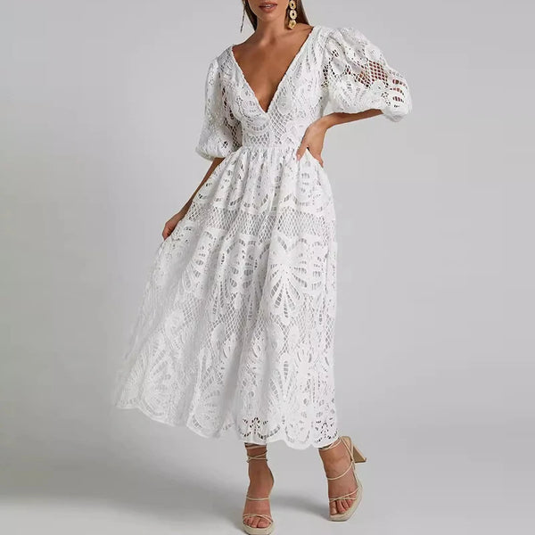 Causal Half Sleeves Deep V-neck Hollow Out Long Dress