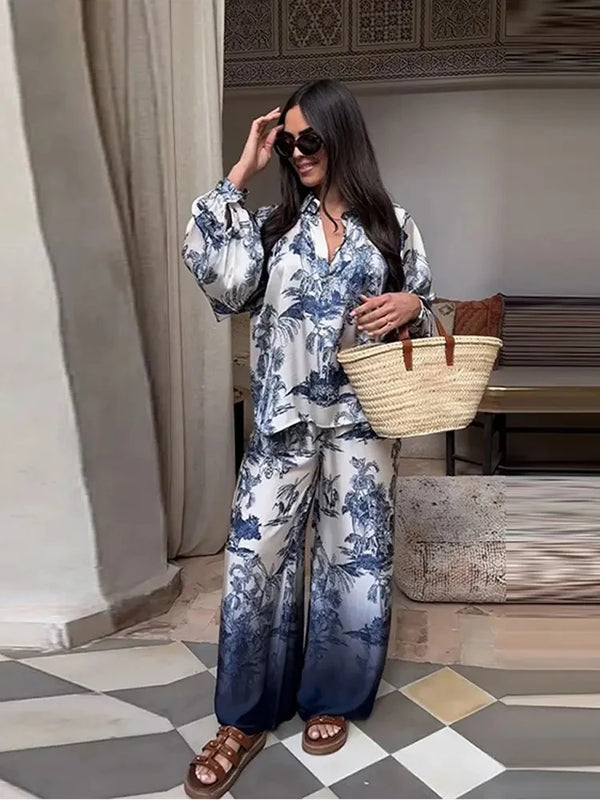 Elegant Long Sleeve Lapel Shirt Loose High Waisted Wide Leg Pants