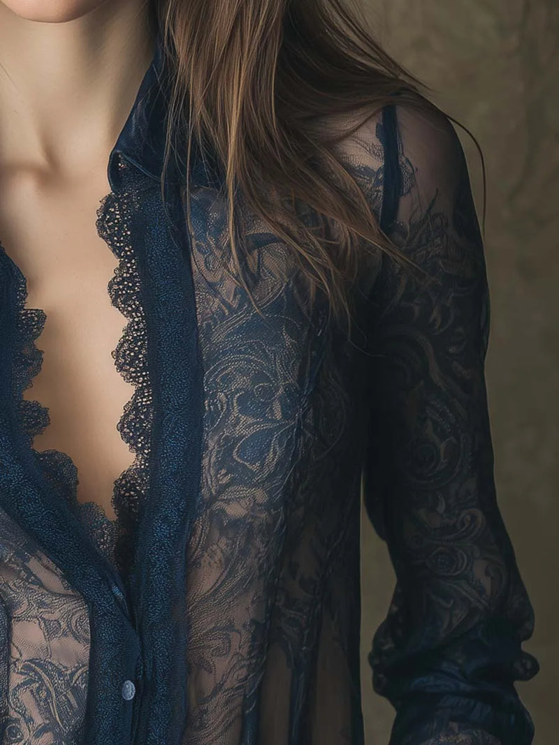 Elegant Paisley Print Lace Trim Long Sleeve Sheer Tops