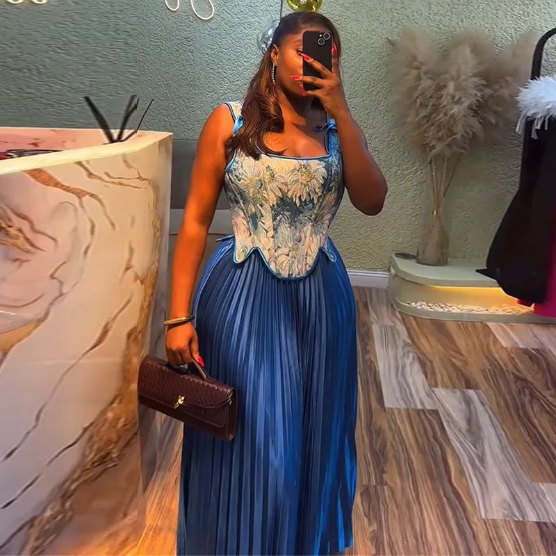 Set Floral Print Waist-cinching Vest +Pleated Long Skirts