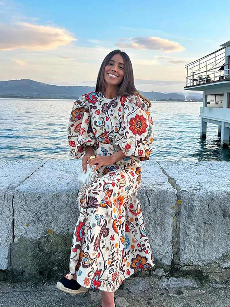 Boho Short Sleeve Round Neck High Waist Slim Fit Maxi Dress
