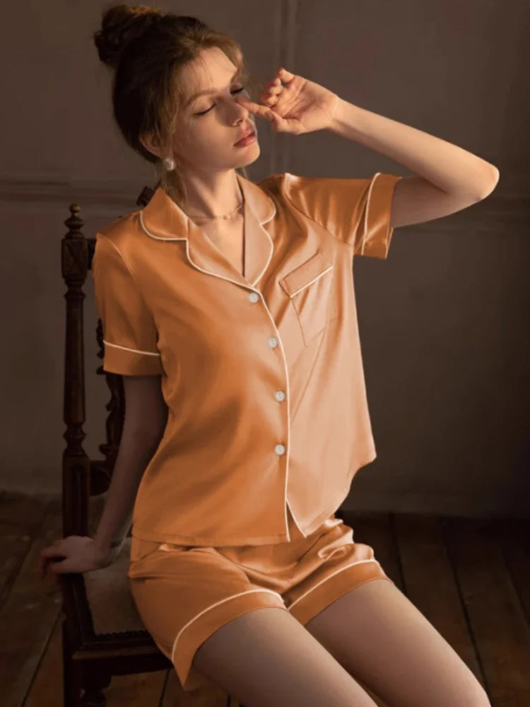 Two Pieces Pajama Set Short Sleeve Button