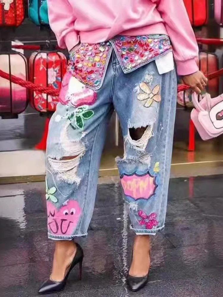 Spring Floral Embroidery Diamonds Beaded Holes Denim Pants
