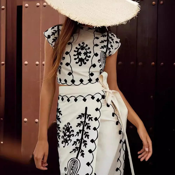 Boho Vintage Print Top Skirt Suit Embroidered Two Piece
