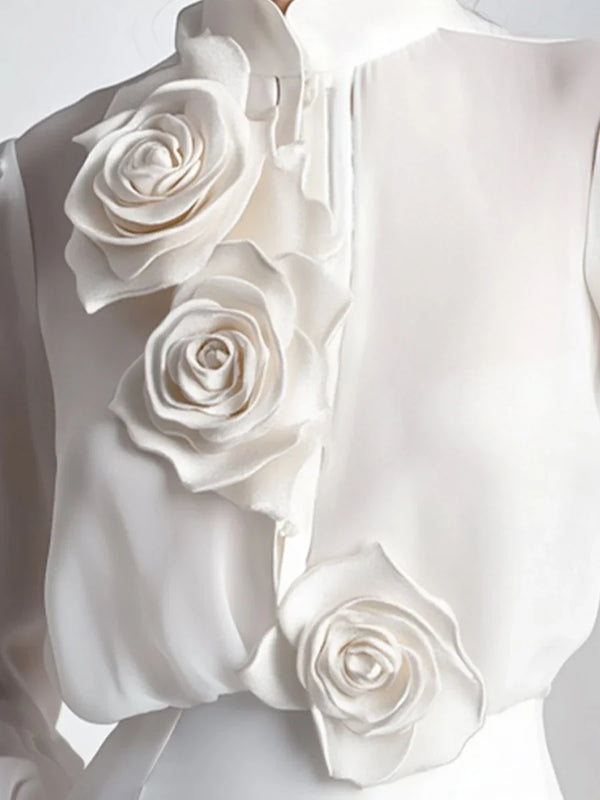 Elegant Long Sleeve 3D Rose Flower Chic White Blouse Tops