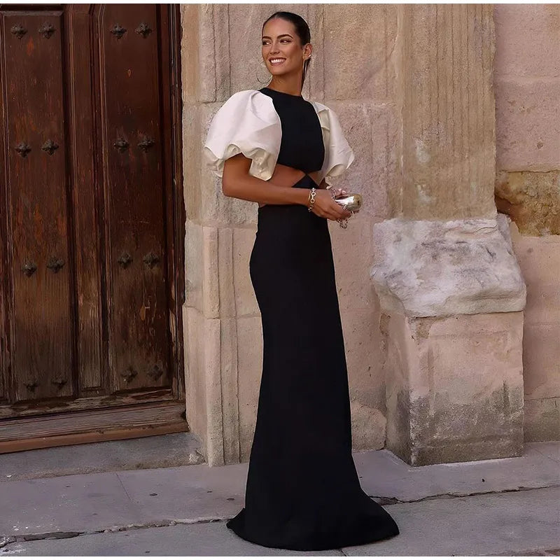Elegant Puff Sleeve Hollow Out Waist Dress