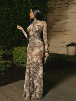 Cross Knot Coquette Hollow Serpentine Full Sleeve Split Ruched Dress