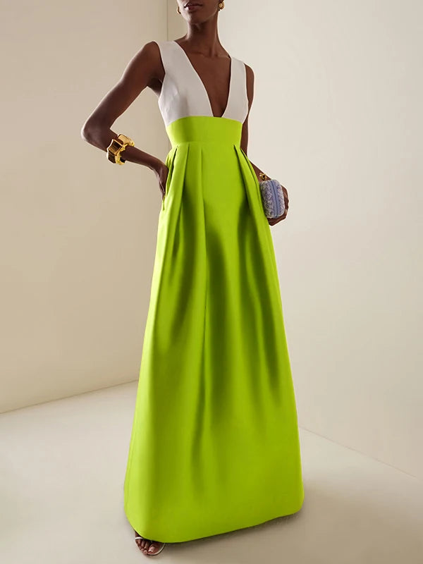 Elegant Cocktail High Waisted Deep V-Neck Dress