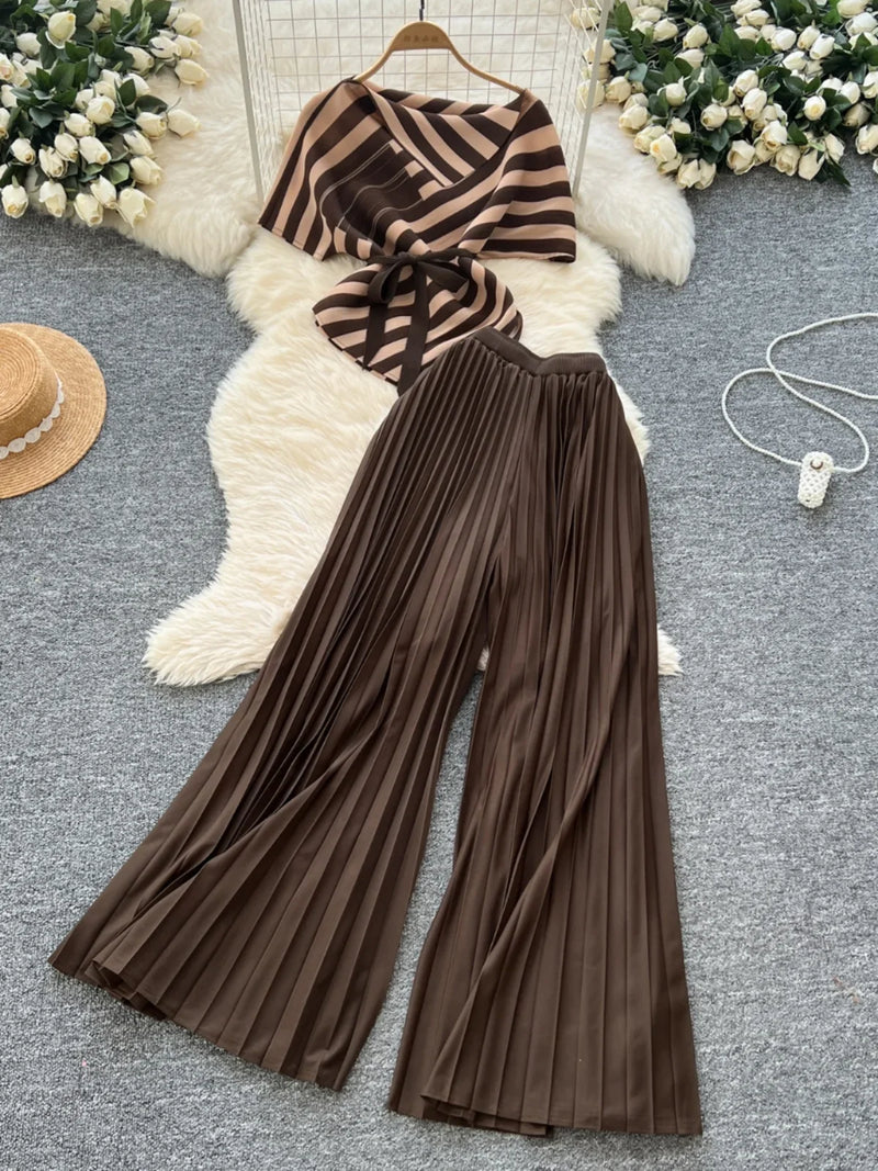 Chic Striped Skew Collar Short Sleeve Tops + High Waist Pleated Wide Leg Pants