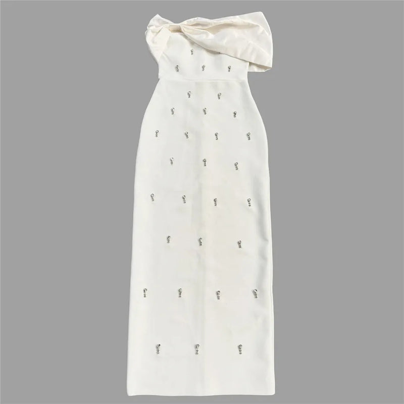 Elegant Beading Bandage Off Shoulder Patchwork Bodycon Dress