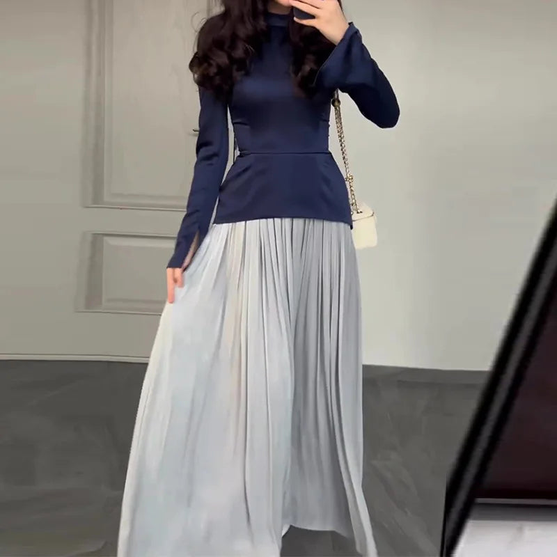 Elegant Long Sleeve Top and Pleated Long Skirts Suits