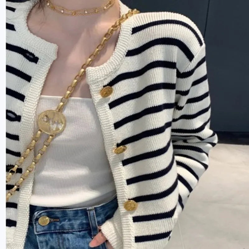 Stripe Knitted Cardigans O-neck Single Breasted Long Sleeve Crop Top