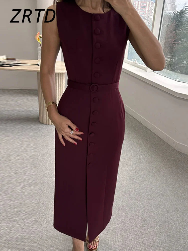 Elegant Single-breasted Belt Long Dress