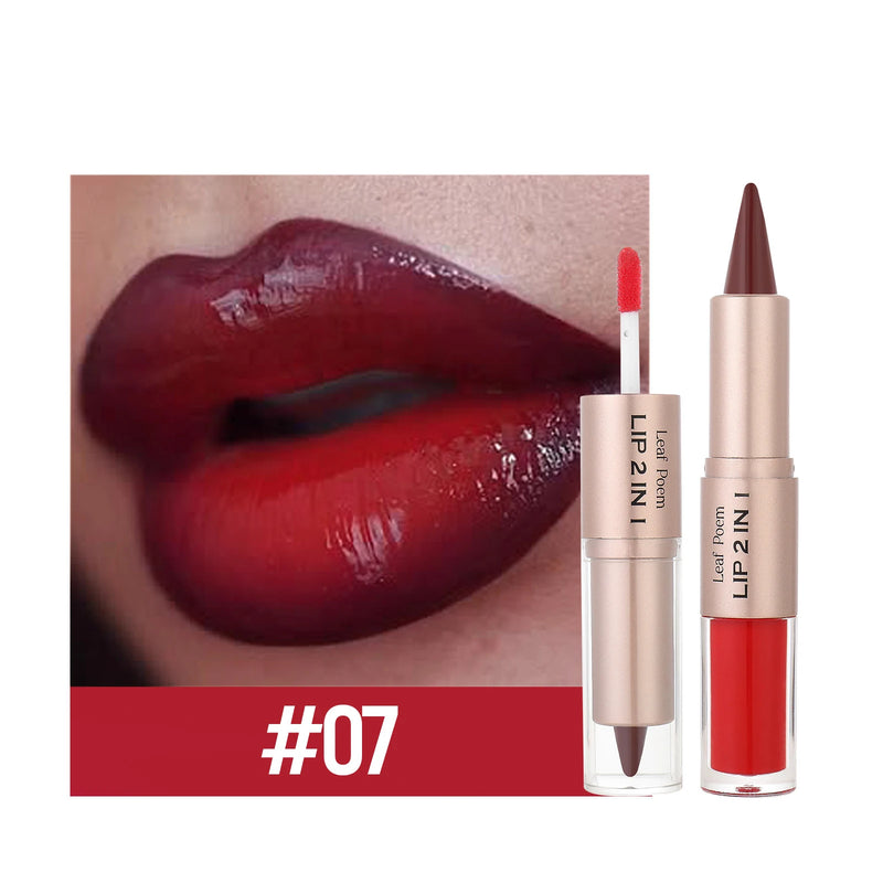 2 IN 1 Nude Brown Pink Mirror Lip Gloss Contour Pencil Matte Lipliner