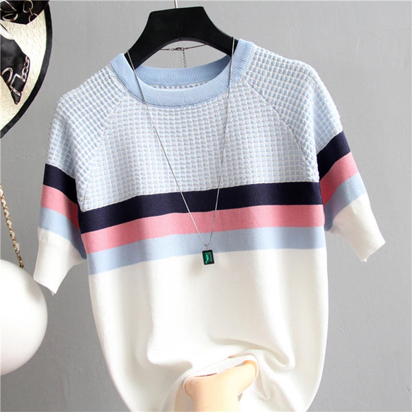 Vintage Ladies Tops Striped Summer Blouse