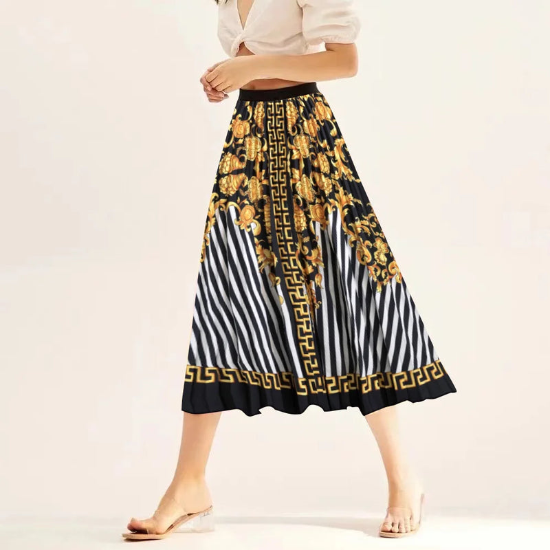 Printed elastic mid length A-line pressed pleated skirt