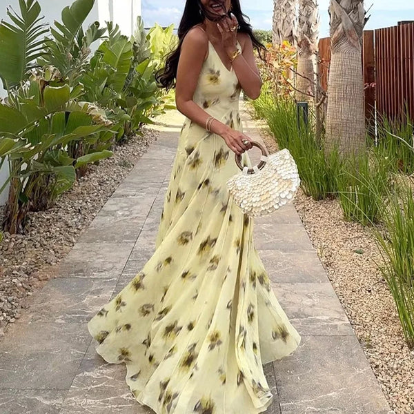 V-neck Swing Hight Waist Long Sleeveless Dress