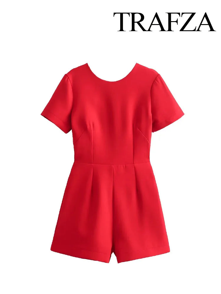 Chic Jumpsuits Red O-Neck Short Sleeves Back Hollow Out