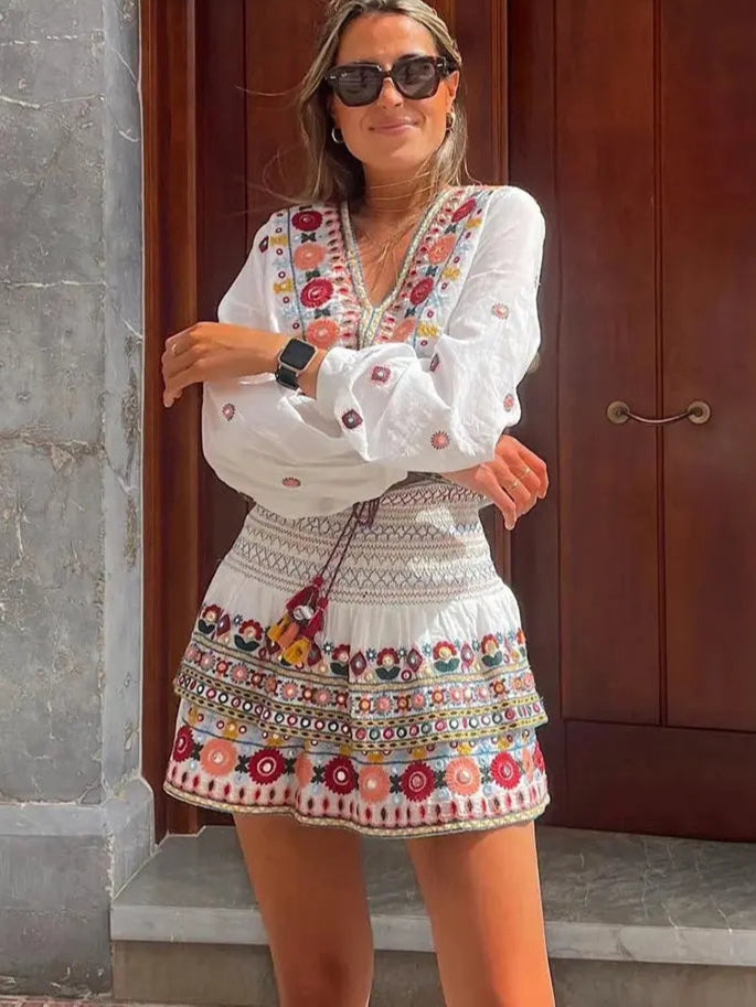 Batwing Sleeve Embriodery Paisley Print Skirt V Neck Vintage Set
