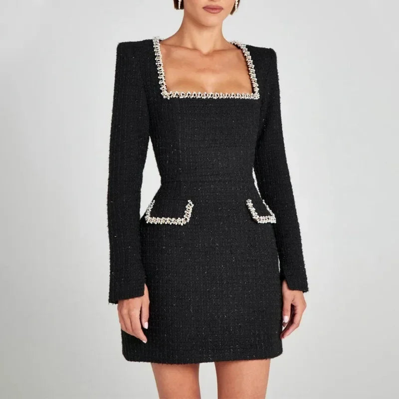 Elegant Tweed A-Line Slim Short Sleeve Retro O-Neck Patchwork Dress