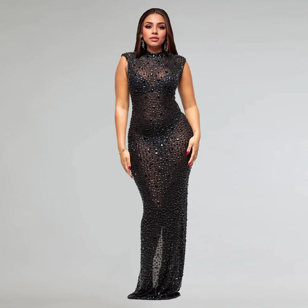 Fall Diamonds Hot Rhinestones O-neck Sleeveless Bodycon Long Dress