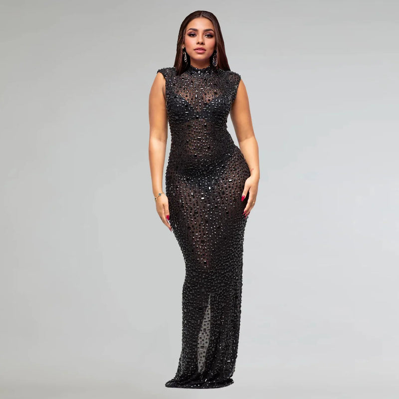 Fall Diamonds Hot Rhinestones O-neck Sleeveless Bodycon Long Dress