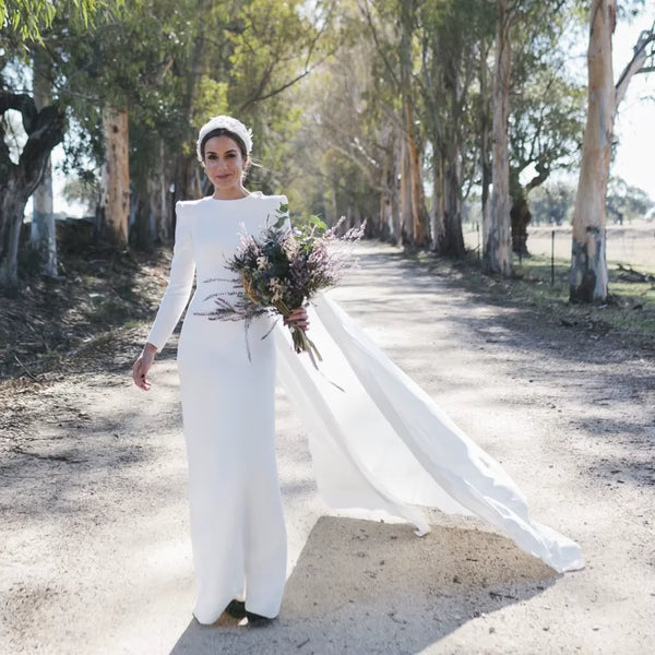Civil Wedding Dress Long Sleeve with Cloak Open Back