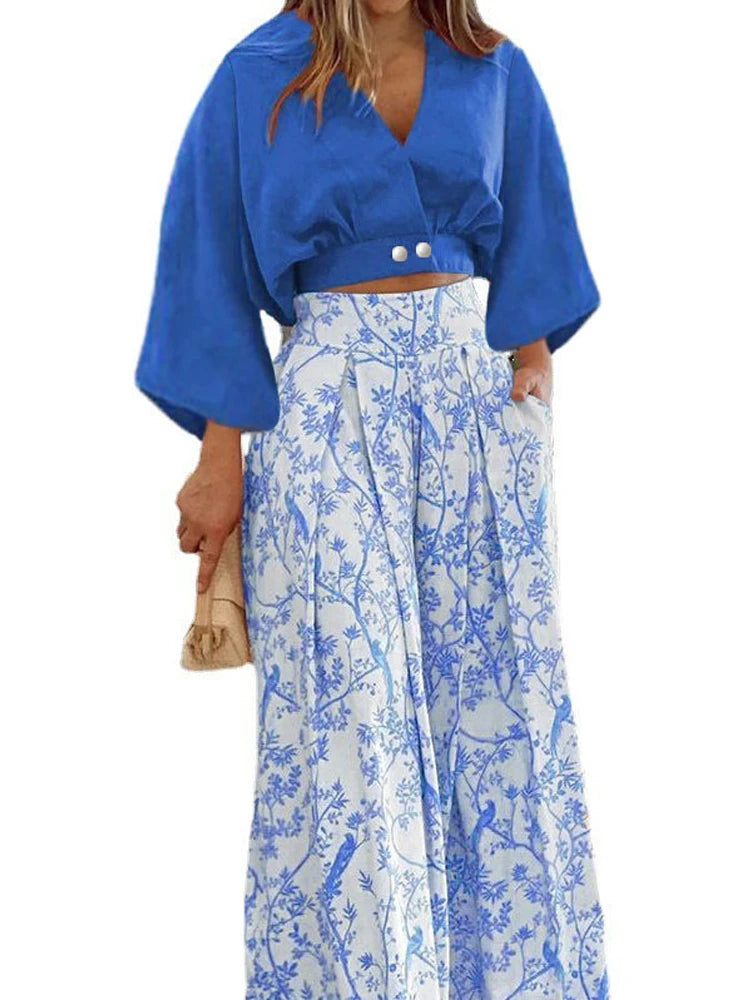 V-neck Long Sleeve Shirt And Blouses Crop Top Straight Wide Leg Pants