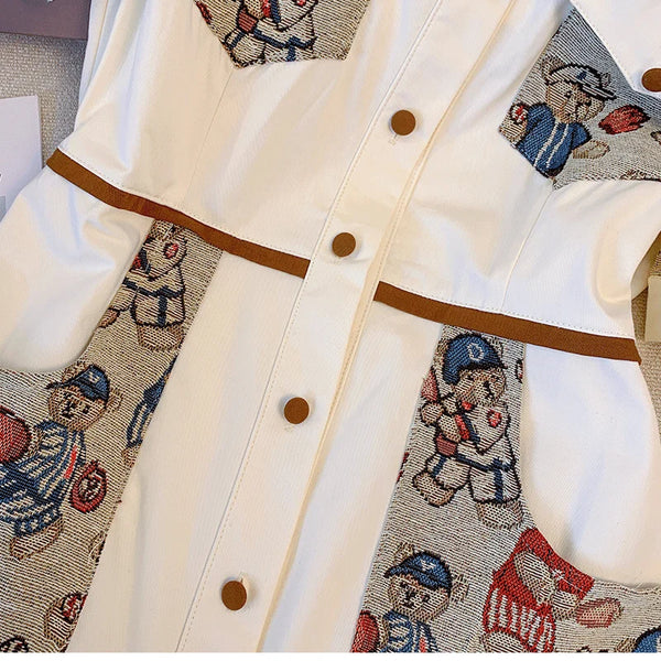 Patchwork Turn-down Collar Midi Buttons Pocket Dress