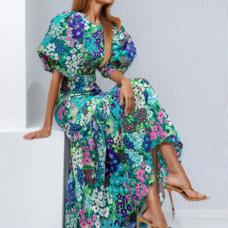 Elegant Blue Flower Lantern Sleeve And Ankle Fishtail Dress