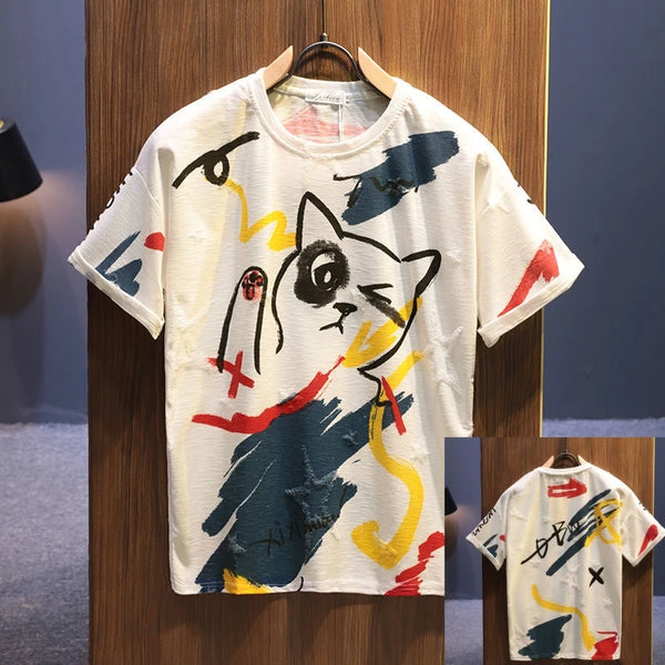 Summer Faux Cotton T-shirt Street Graffiti Print Loose Top