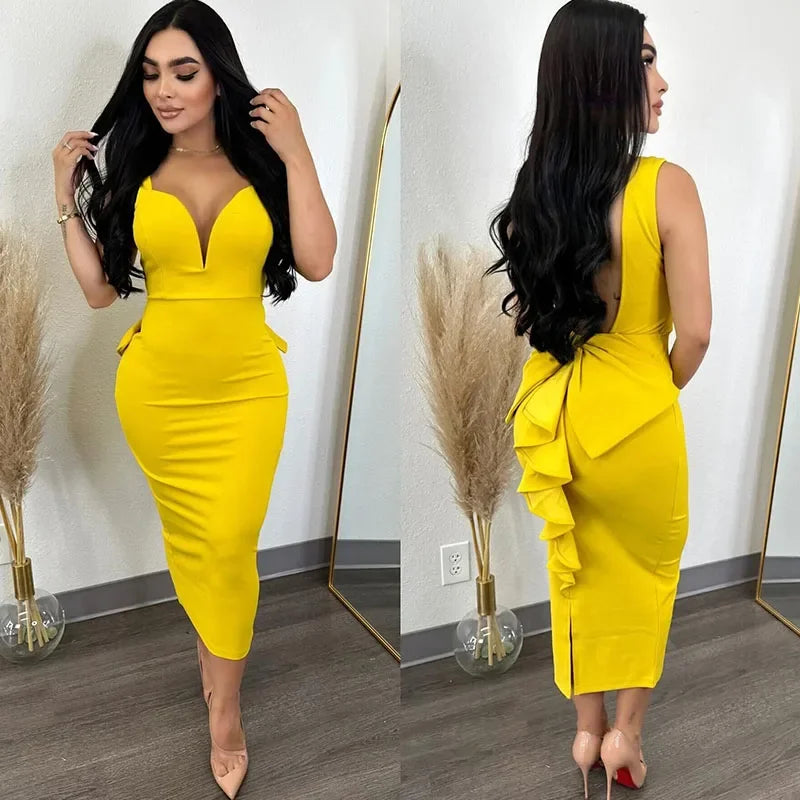 Plunging V-neck Backless Bowknot Ruffles Bodycon Dress