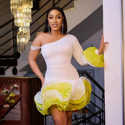 Elegant One-Shoulder White Dress with Yellow Ruffle Skirt, Long Sleeve