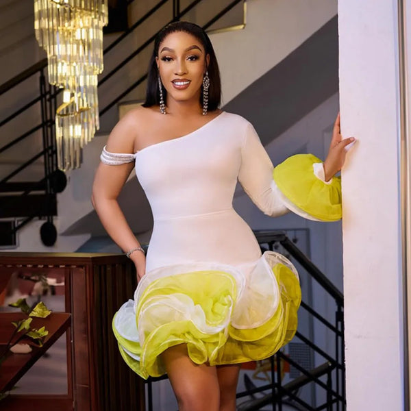 Elegant One-Shoulder White Dress with Yellow Ruffle Skirt, Long Sleeve